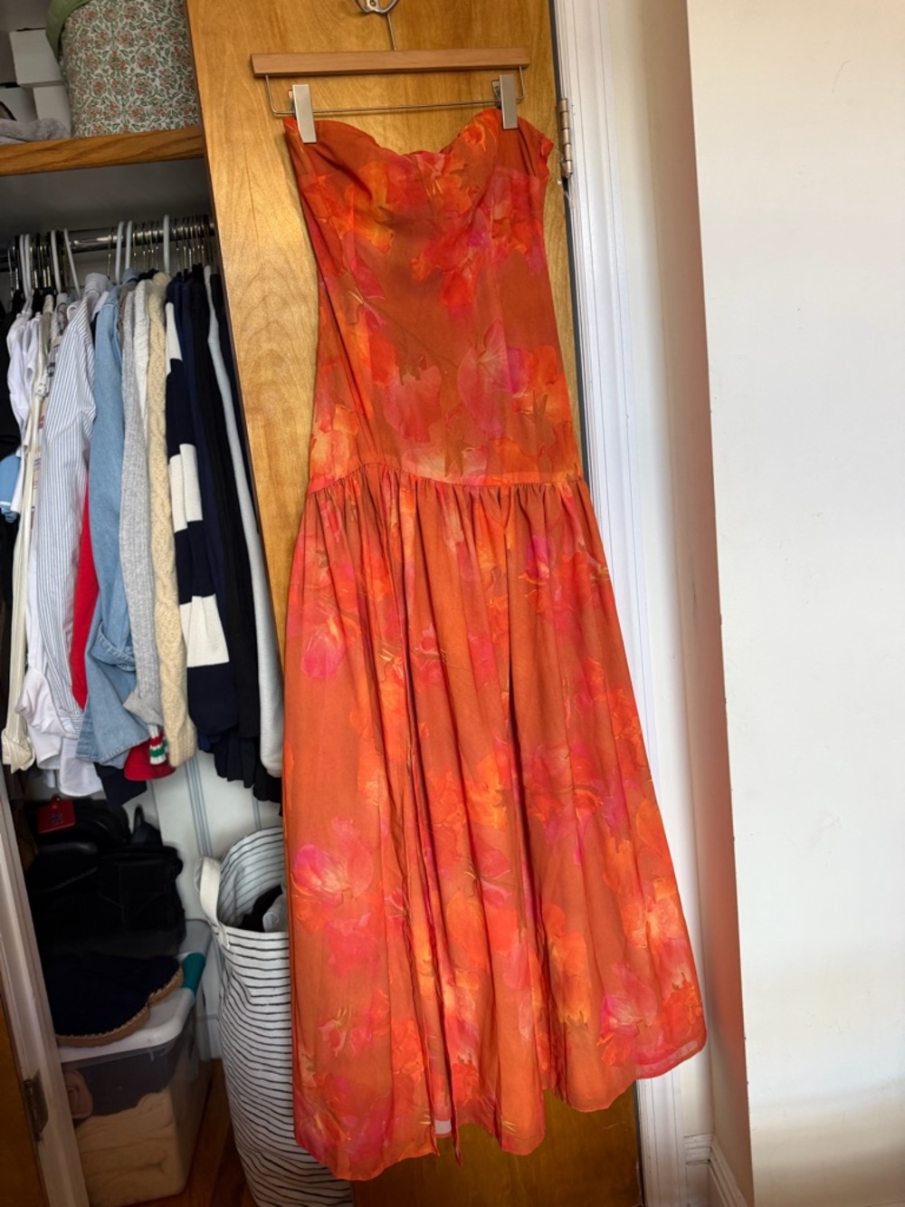 Peppermayo Strapless Orange-Pink Floral Midi Dress